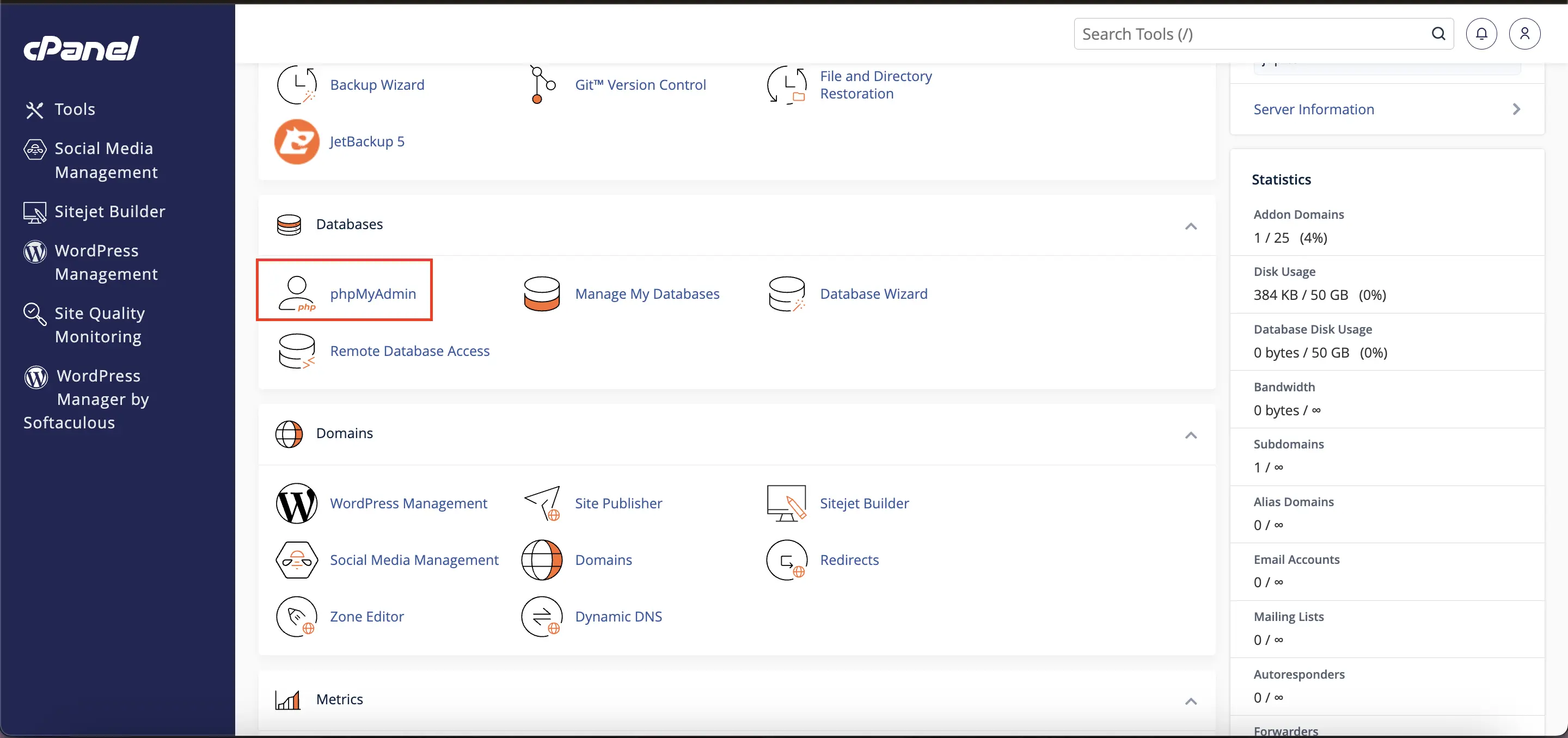 Đăng nhập phpMyAdmin trên cPanel để Export Database