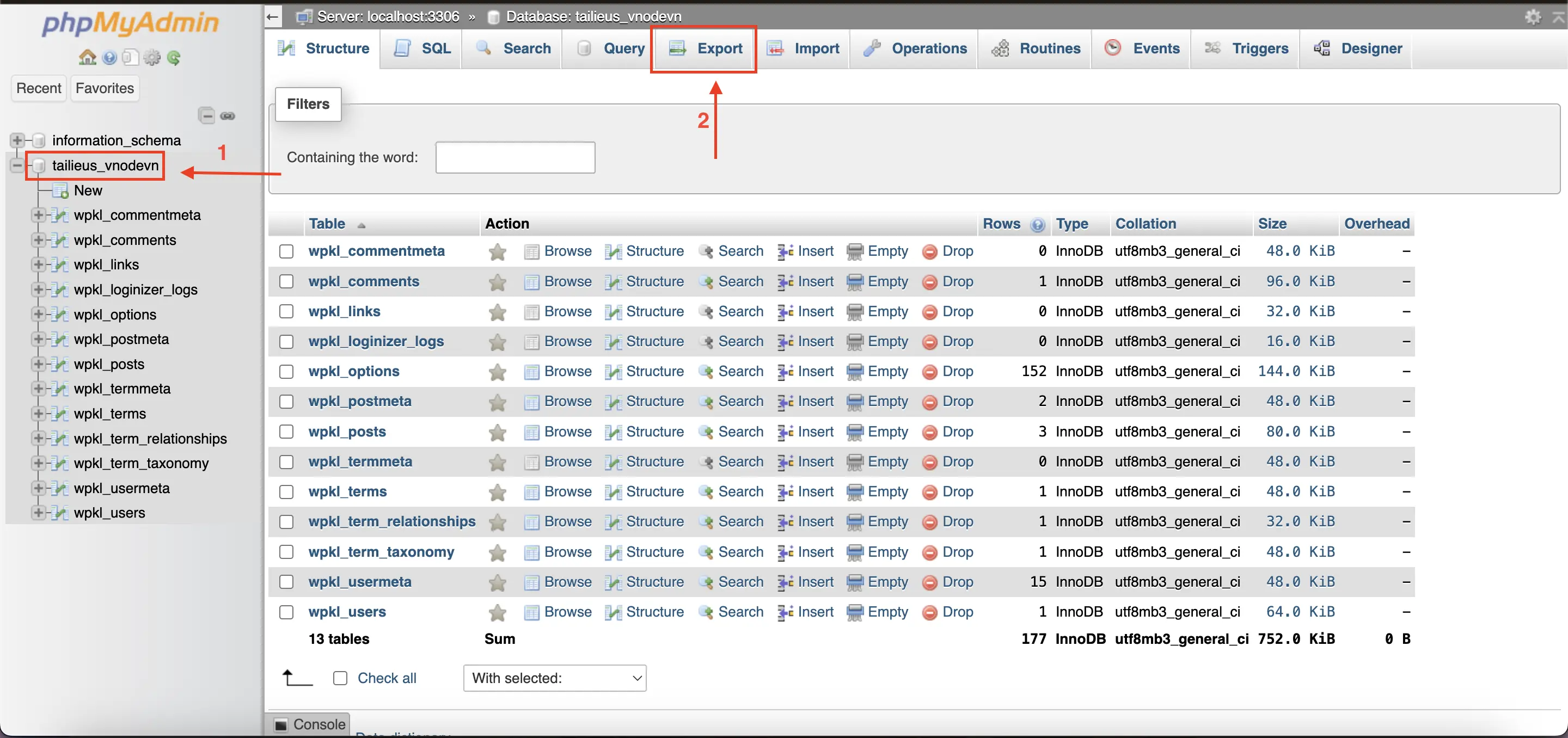 Chọn database để sao lưu (Export) trong phpMyAdmin