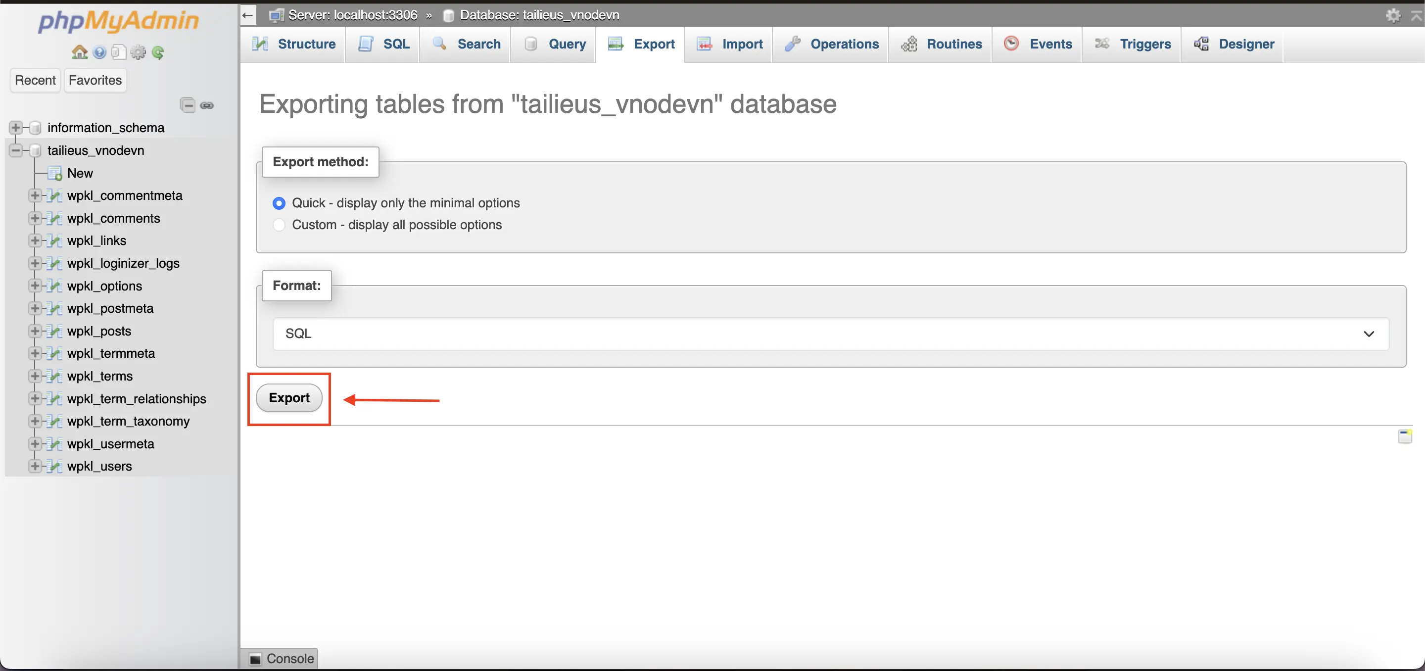 Thao tác Export database MySQL trên cPanel bằng phpMyAdmin