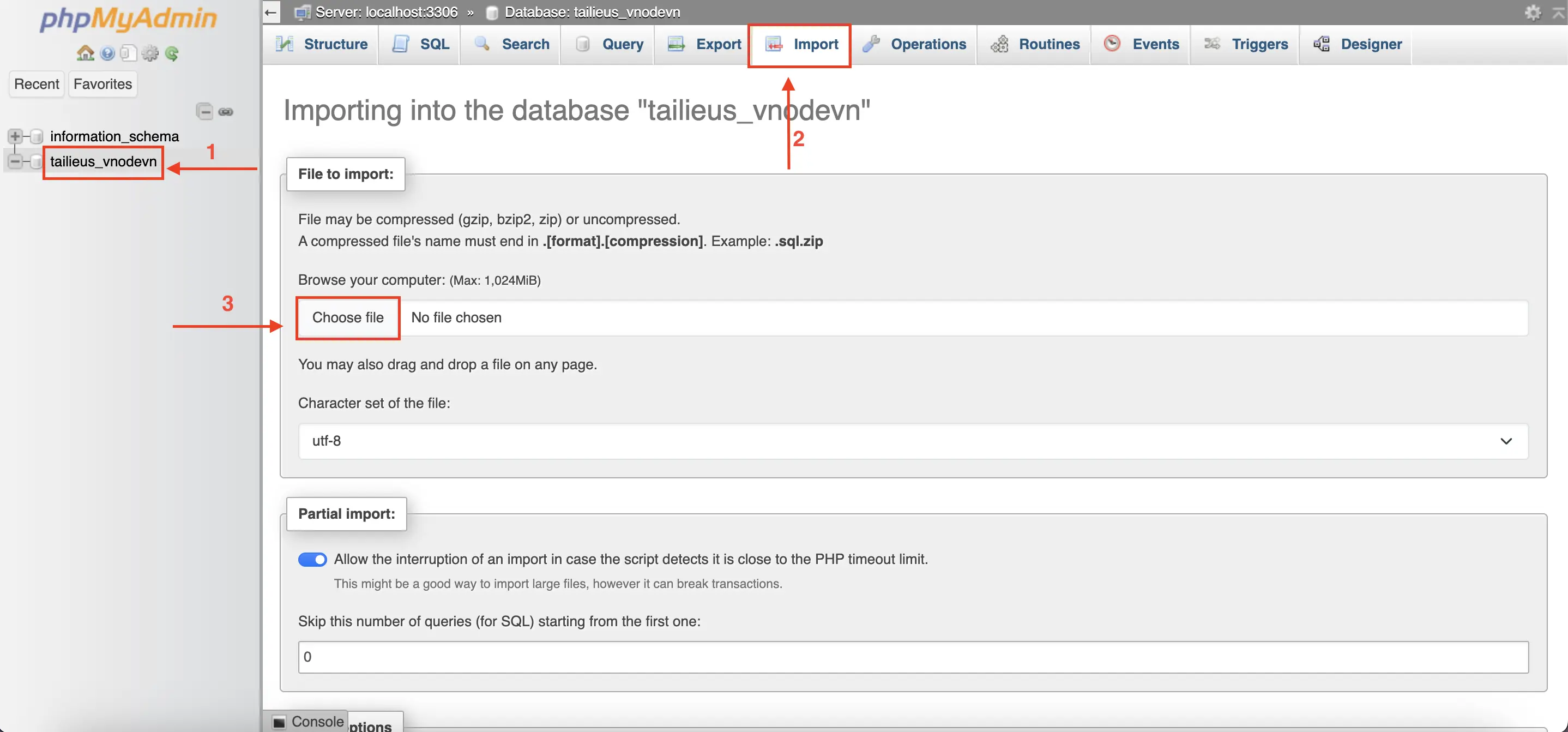 Chọn Import database trong phpMyAdmin trên cPanel