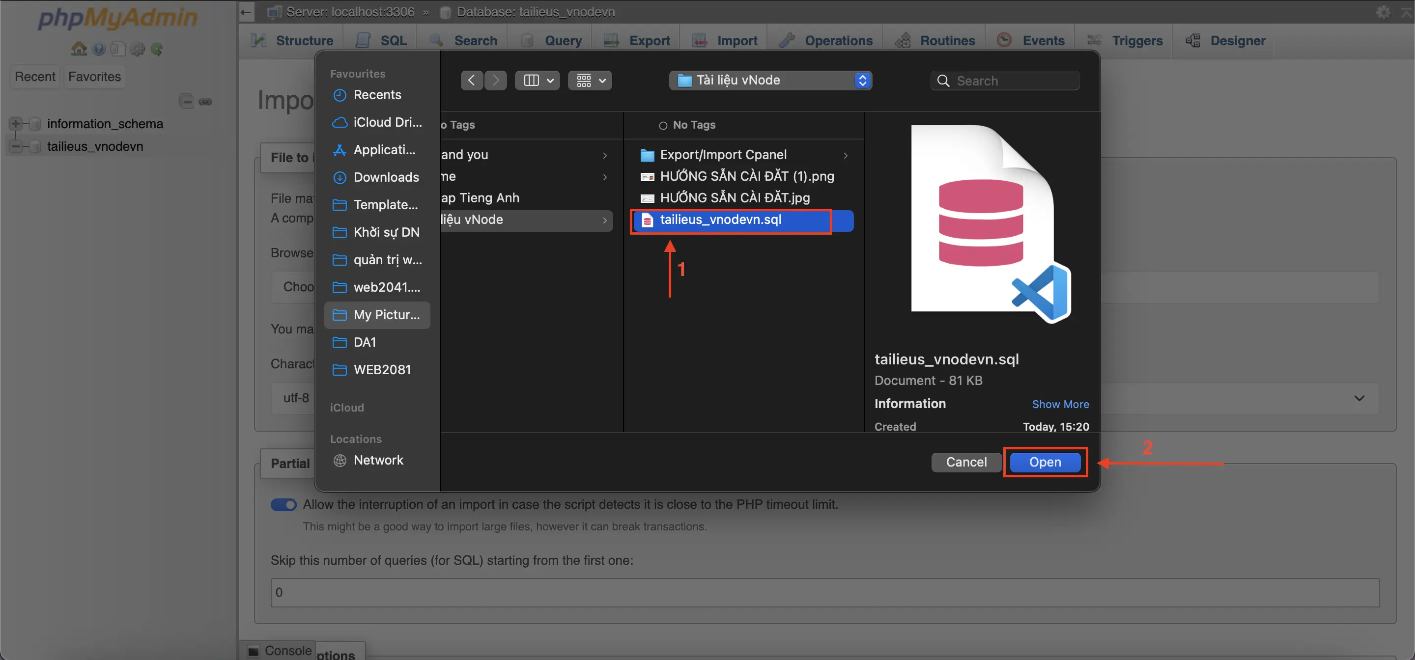 Tải file database để khôi phục (Import) vào phpMyAdmin