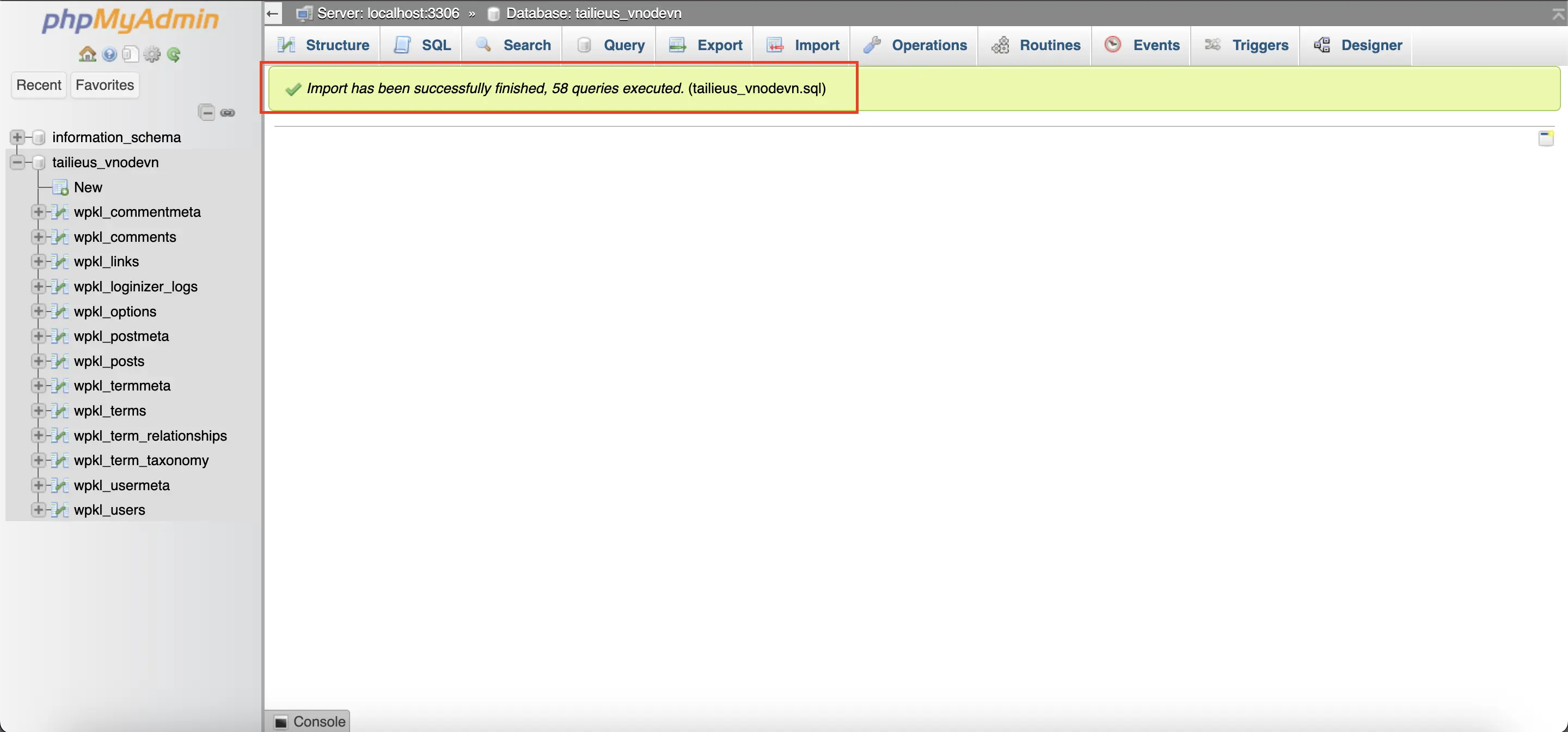 Kết quả Import database MySQL thành công trong phpMyAdmin