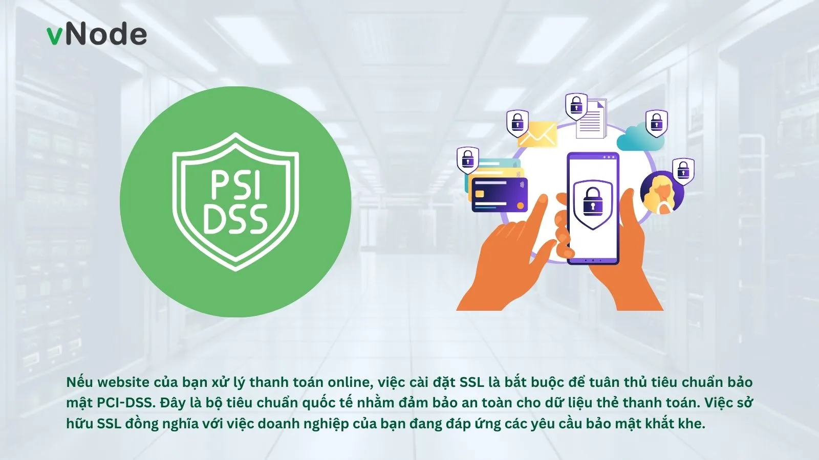 Logo PCI-DSS và hình minh họa quy trình thanh toán an toàn.