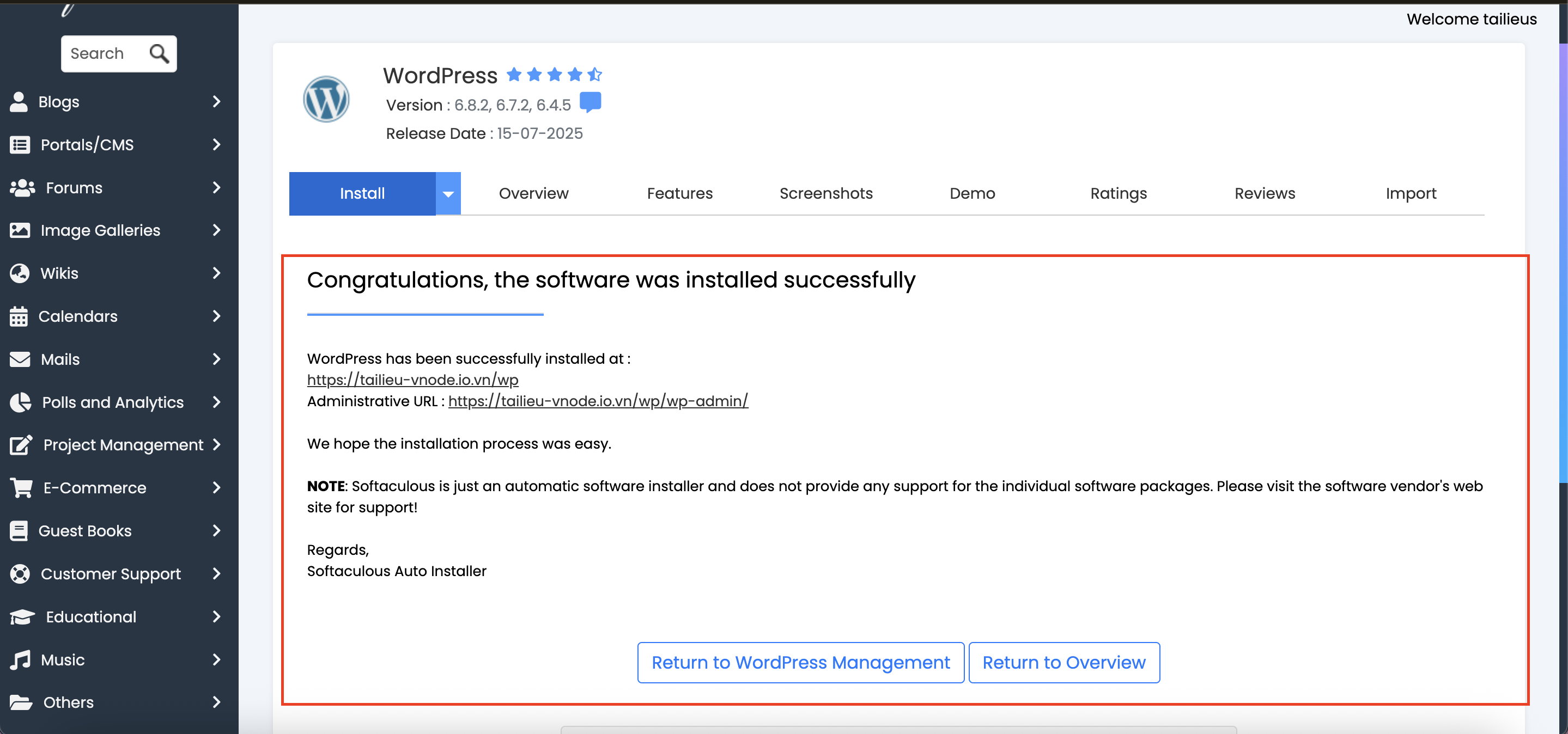Hướng dẫn cài đặt WordPress tự động bằng Softaculous trên cPanel