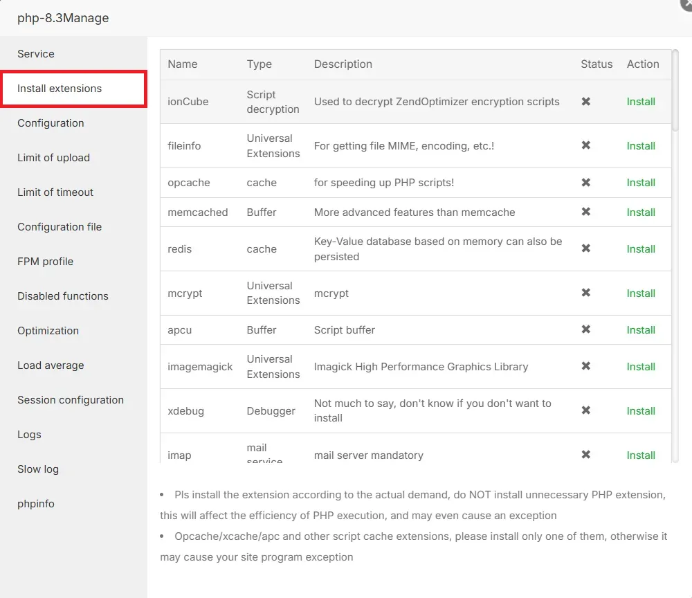 2.extension Php Aapanel
